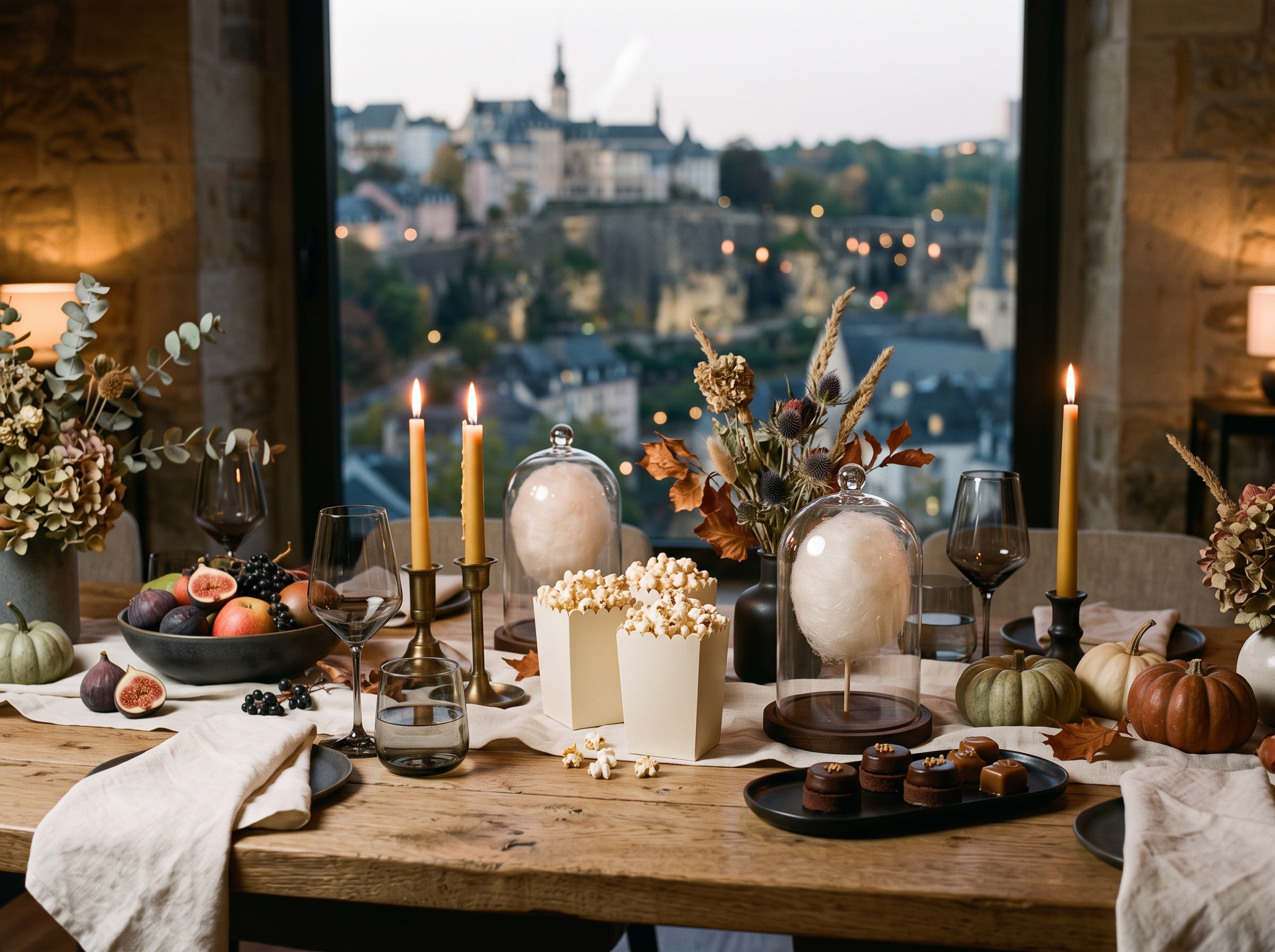 Elegant Halloween event details with pumpkins candles popcorn and cotton candy